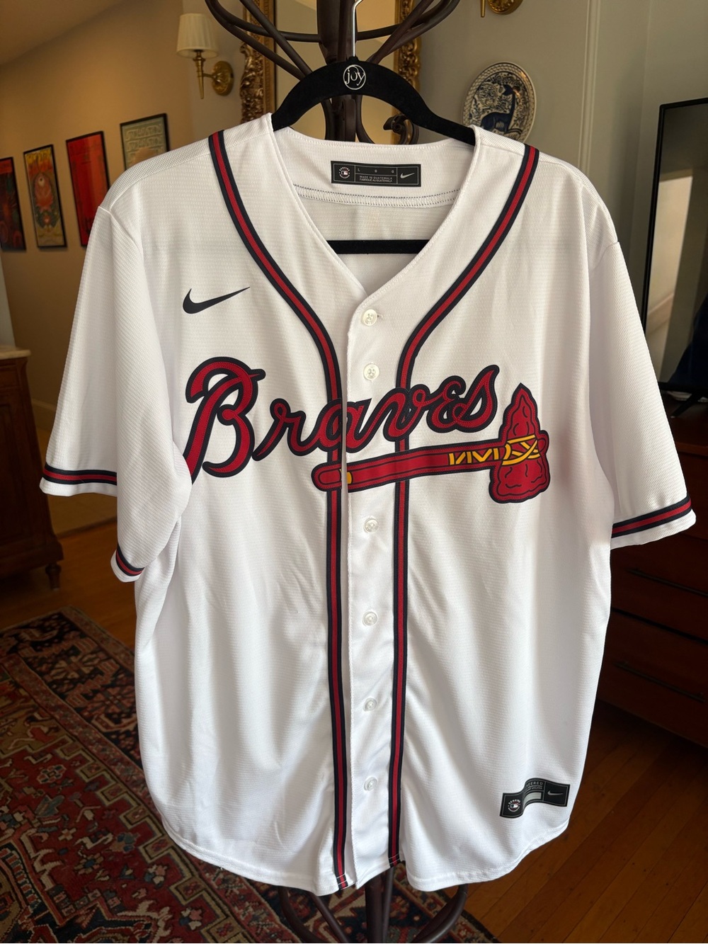 Nike White Braves Home Baseball Jersey with Red and Navy Trim